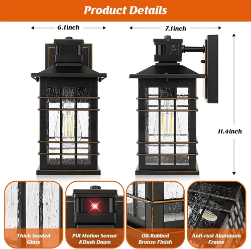Vista 6 de Lámpara exterior con sensor de movimiento para montaje en pared, de bronce aceitado del anochecer al amanecer, impermeable, con base E26, linterna