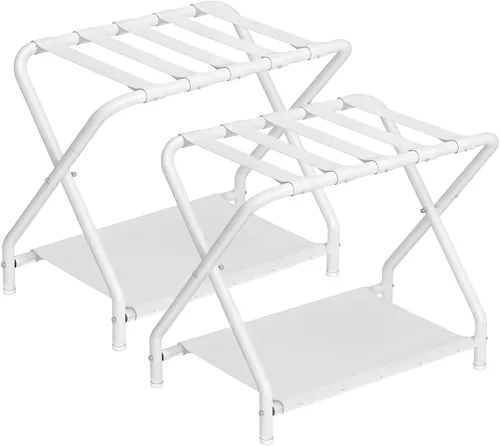 Vista 9 de HOOBRO Portaequipajes, soporte plegable para maleta con estante de almacenamiento de tela para habitación de invitados, dormitorio, hotel, soporta