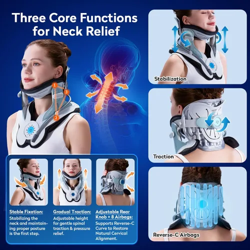 Vista 2 de Dispositivo de tracción cervical para el cuello, estiramiento cervical ajustable, 8 bolsas de aire integradas, bomba de aire eléctrica con 3