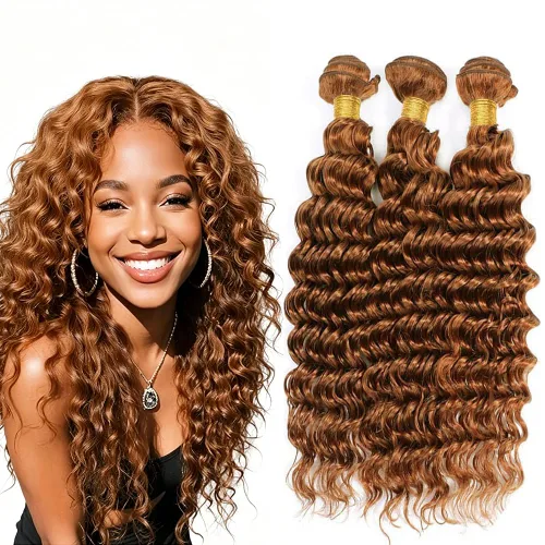 Vista 134 de P4613 Cabello humano rizado onda profunda marrón y paquetes mixtos 8 10 12 P4613 Ombre Marrón-Rubio-DP