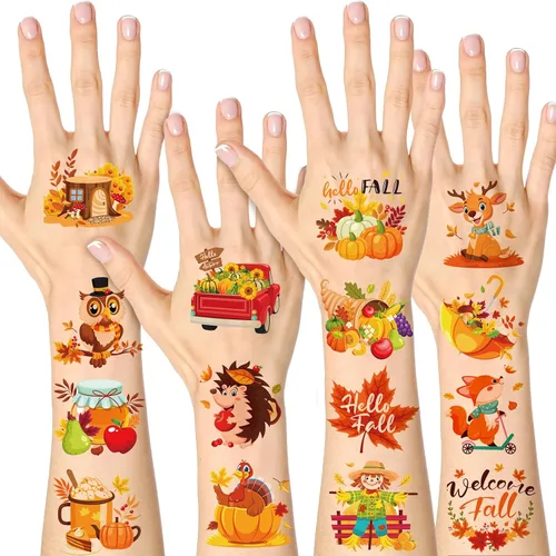 Vista 2 de HOWAF 96 tatuajes temporales de otoño para niños, tatuajes faciales de cosecha de otoño para bienvenida, otoño, hola, suministros de decoración