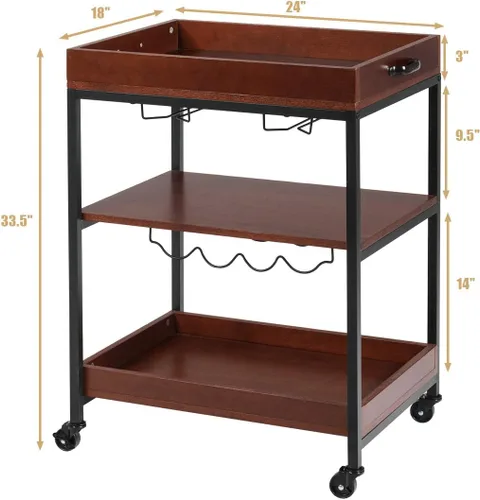 Vista 7 de Giantex Carrito de isla de cocina, carrito de estilo industrial con ruedas de 3 niveles, carrito de servicio, soporte de cocina de madera
