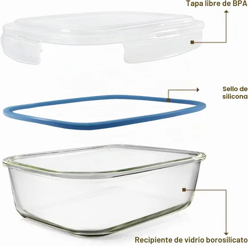 Vista 2 de Juego de recipientes de vidrio para almacenamiento de alimentos, recipientes de gran tamaño con tapas, tapas de bloqueo sin BPA, recipientes