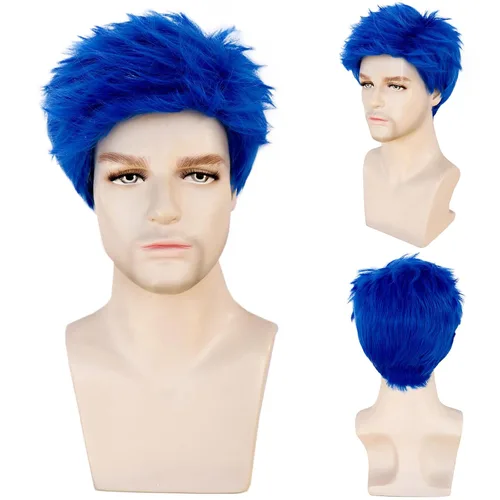 Vista 6 de Peluca azul para hombre, con capas cortas, color azul rey Azul real