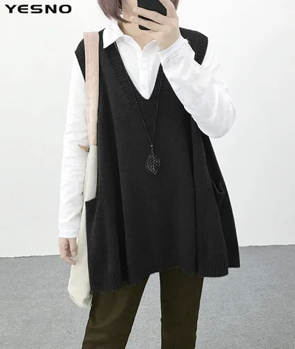 Vista 2 de YESNO Sweater Vest Women Loose Swing Cotton Cute Oversized Knit Pullover Sleeveless Sweater Tops with Drop Pockets WM9