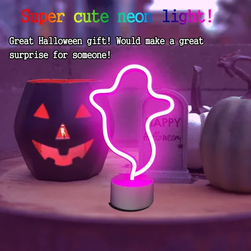 Vista 7 de Señal de neón fantasma de Halloween con base, señal de luz LED, lámpara en forma de fantasma alimentada por batería o USB para decoración de fiesta