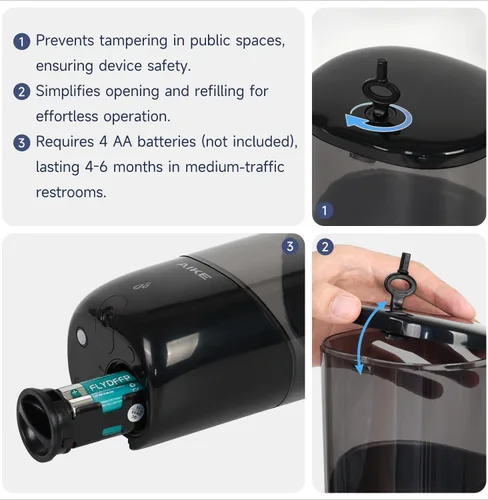 Vista 4 de AIKE Dispensador de jabón automático líquido para montaje en pared, modelo con pilas AK1216, negro