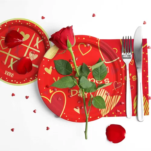 Vista 4 de Suministros para fiesta del día de San Valentín, platos de papel desechables con corazón rojo, servilletas para el día de San Valentín, compromisos