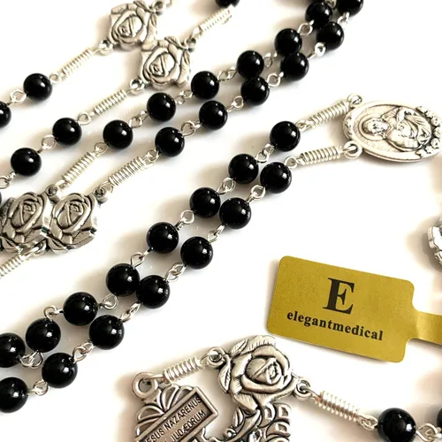 Vista 9 de elegantmedical Hecho a mano con cuentas de ágata negra de la señora de Fátima, collar de rosario, Crucifijo de indulto cruz, regalos católicos
