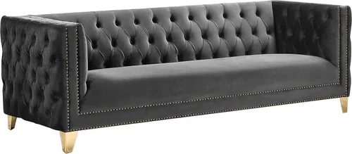 Vista 10 de Pemberly Row Sofá moderno de terciopelo, 90 pulgadas de ancho x 34 pulgadas de profundidad x 30 pulgadas de alto, acabado negro, capitoné de botón