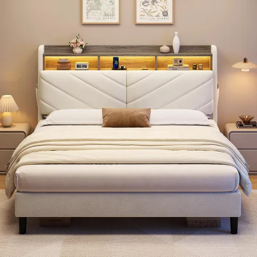 Vista 3 de Jocoevol Beige Queen Size Velvet Bed Frame with Ergonomic Headboard