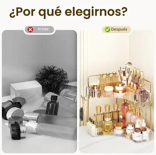 Vista 6 de Organizador de esquina para encimera de baño, organizador de baño de 2 niveles y encimera de almacenamiento con ganchos, cuidado de la piel