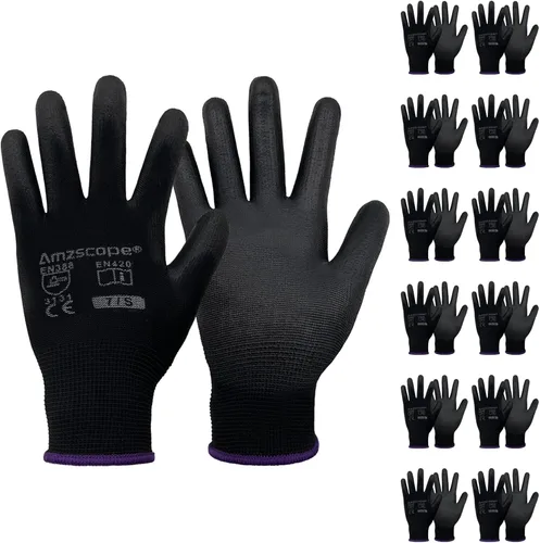 Vista 12 de Guantes de trabajo con revestimiento de poliuretano, 12 pares, guantes de jardín finos para hombres y mujeres, ideales para trabajo ligero
