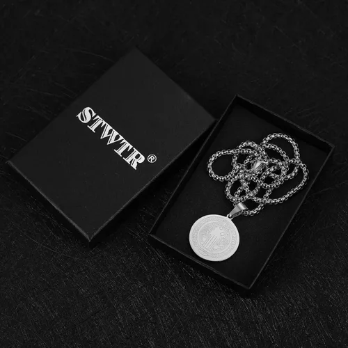 Vista 7 de STWTR Collar de medalla de San Benito de acero inoxidable medalla de sacramento cristiano joyería antimalvada regalo católico para hombres y mujeres