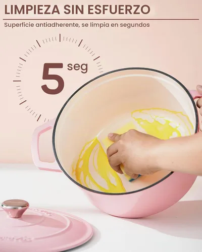 Vista 7 de Ciwete - Olla de horno holandés de hierro fundido esmaltado, 4.4 cuartos de Rosa claro
