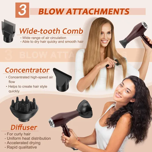 Vista 3 de Secador de pelo de 2000 W, con difusor concentrador de peine para mujeres y hombres, secador de pelo silencioso iónico negativo con potente motor