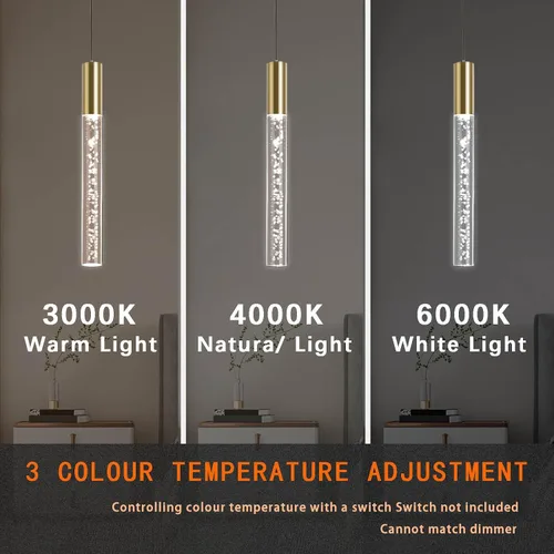 Vista 2 de Moderna lámpara colgante dorada, 1 luz LED colgante de 3 colores, cable acrílico, luces colgantes de techo ajustables para cocina, isla, sala