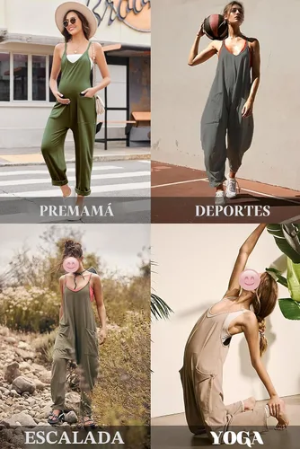 Vista 4 de Ekouaer Overol sin mangas para mujer, overol casual de verano 2-Verde Armada (ArmyGreen)