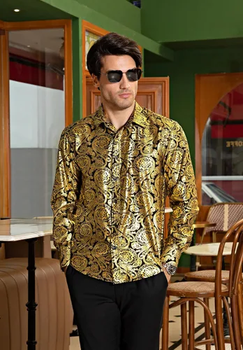 Vista 7 de HISDERN Camisas de vestir de satén brillante para hombre, de lujo, floral, jacquard, de manga larga, a la moda, para bodas, fiestas, bailes