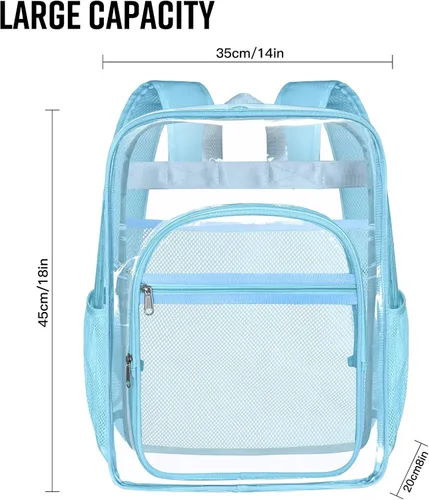 Vista 3 de Mochila transparente, de forma resistente, resistente, grande, transparente, informal, para estadio, trabajo, viajes, Azul, Grande, Transparente