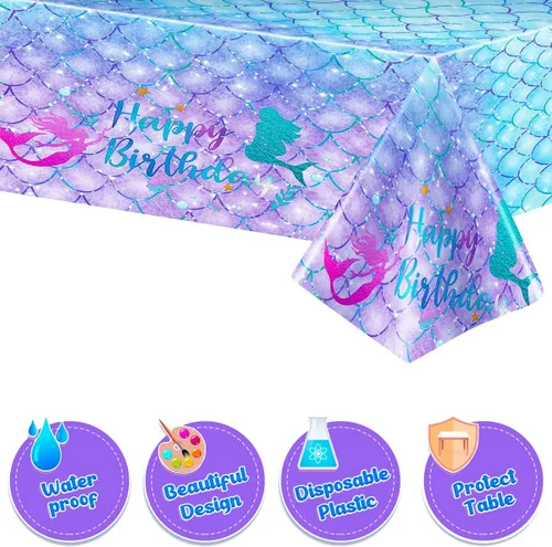 Vista 3 de DaiUni 1 mantel de cumpleaños de sirena para decoración de fiesta de cumpleaños, funda rectangular desechable de plástico para suministros de fiesta