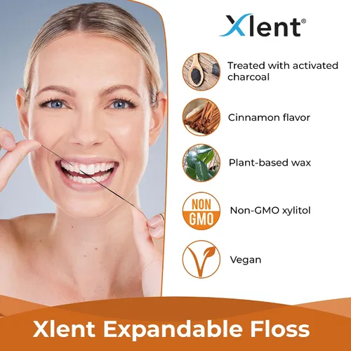 Vista 3 de Xlent Carbón activado expandible tratado con hilo dental, cera natural a base de plantas de xilitol en sabor a canela, paquete de 2