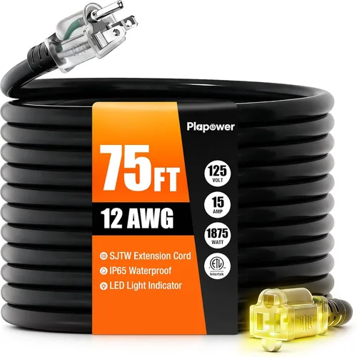 Vista 24 de Cable de extensión para exteriores calibre 12/3, 50 pies, resistente al Negro