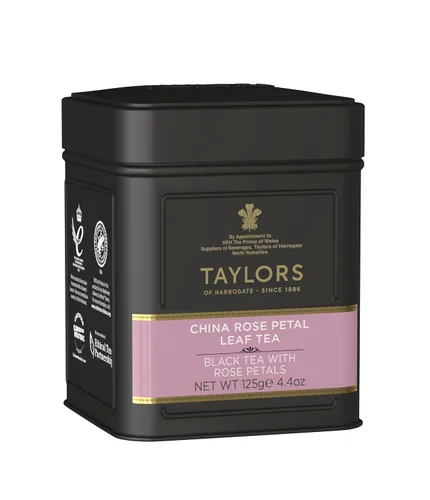 Vista 3 de Taylors of Harrogate Pétalo de rosa de China, té negro, hoja suelta, lata de 4.41 onzas, fragante, delicado y floral, con cafeína, té de hoja entera