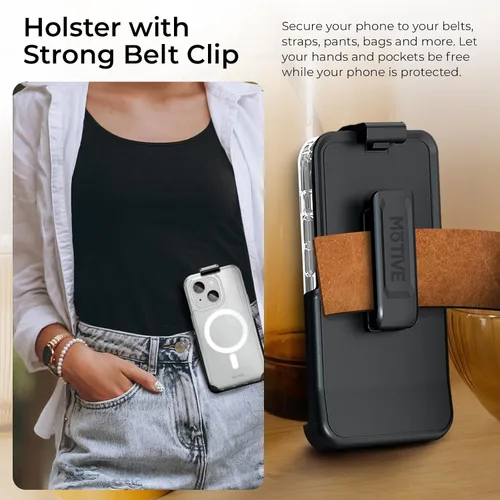 Vista 2 de MOTIVE - Funda transparente para iPhone 15 con clip para cinturón, 6.1 pulgadas Crystal Series, nunca amarillo, probado contra caídas de 10 pies