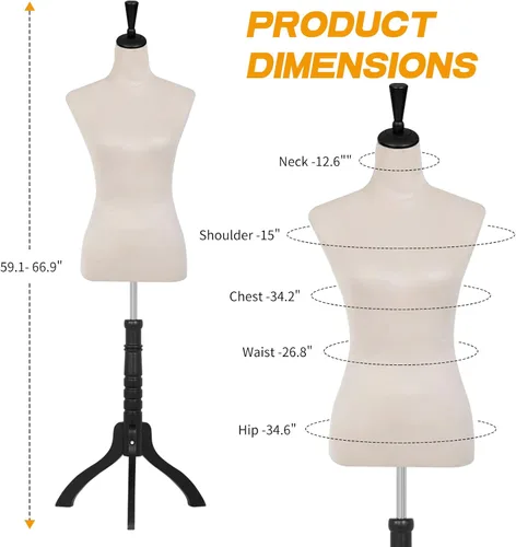 Vista 7 de BLKMTY Maniquí femenino con forma de torso para costura, maniquí de costura, altura del cuerpo, modelo de vestido de ropa ajustable con base