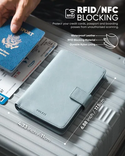 Vista 3 de VULKIT Cartera de pasaporte compatible con Airtag Holder Bifold Travel Card Holder, Azul, Moda