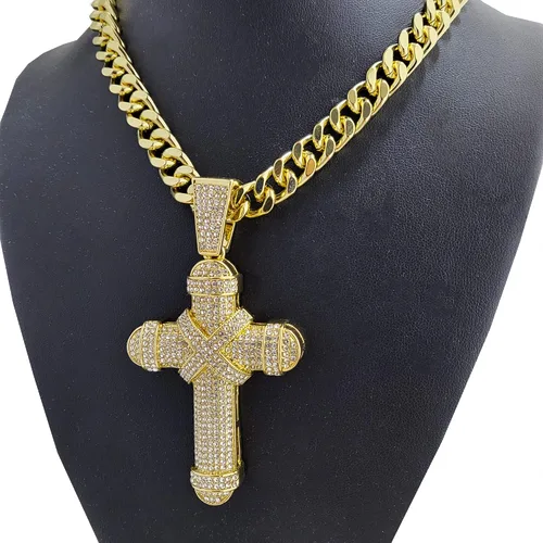 Vista 3 de Hip Hop Jewelry - Colgante de cruz grande chapado en oro y cadena de eslabones cubanos Miami de 0.394in, 18 pulgadas, 20 pulgadas, 24 pulgadas, 30