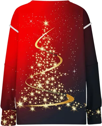 Vista 6 de Sudaderas para mujer con estampado gráfico de Navidad, suéter de retazos sólidos, camisas casuales de ajuste holgado a rayas