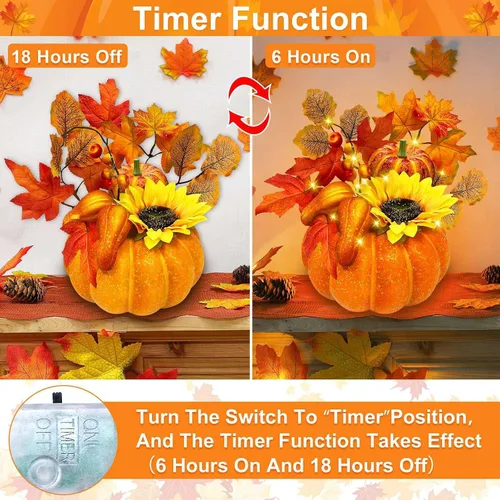 Vista 2 de Temporizador y preiluminado: decoraciones de Acción de Gracias, calabaza, calabaza artificial con hojas de arce, girasol, bayas, 20 luces LED
