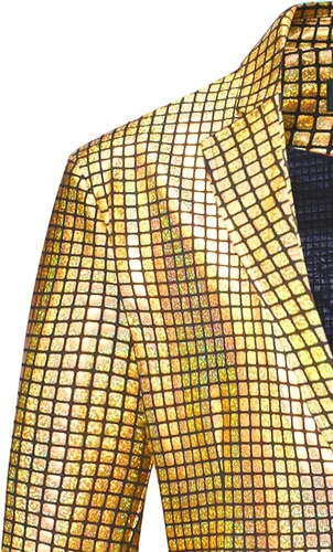 Vista 4 de ATTBEA Conjunto de disfraz de discoteca para hombre, traje de lentejuelas brillantes y pantalones, chaqueta metálica, trajes de Halloween