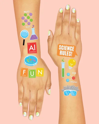 Vista 3 de xo, Fetti Science Party Tatuajes temporales – 62 estilos de lámina metálica plateada Suministros de fiesta de cumpleaños de científicos locos