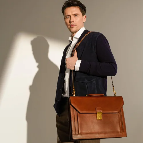 Vista 3 de Time Resistance Maletín de cuero - Bolsa italiana hecha a mano para laptop - Bolsa de trabajo para hombres y mujeres - Adjunta - Bolsa