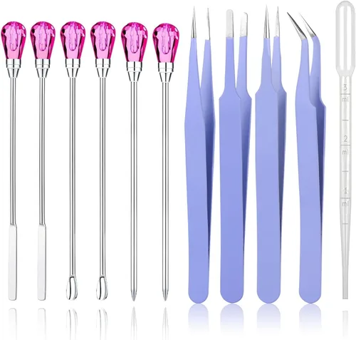 Vista 13 de Juego de 11 herramientas de moldes de resina de silicona, agujas para agitar, cuchara, herramientas de precisión, juego de pinzas electrónicas