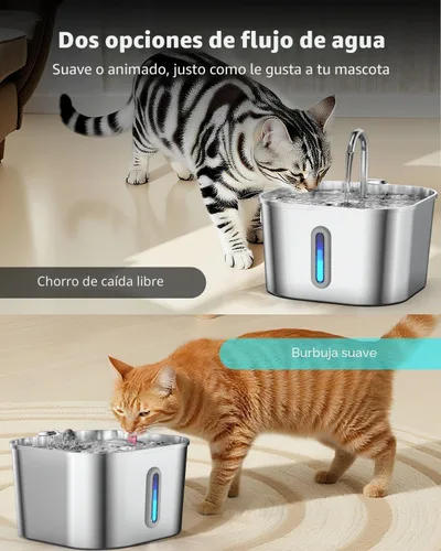 Vista 7 de Fuente de agua para gatos de acero inoxidable, fuente para gatos de 74 oz/2.2 L con bomba silenciosa, dispensador automático de agua para mascotas