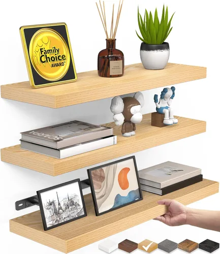 Vista 24 de BAYKA Estantes flotantes para pared, estantes de madera rústica montados en la pared para baño, dormitorio, sala de estar, cocina, estante colgante