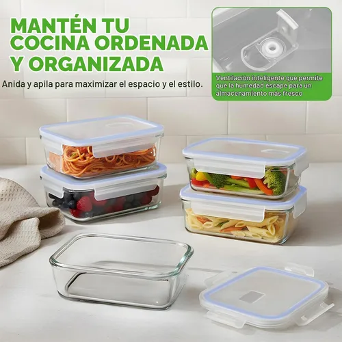 Vista 4 de NutriChef 10 recipientes de vidrio para almacenamiento de alimentos con tapas, recipientes de preparación de comidas de 30 onzas, reutilizables Azul
