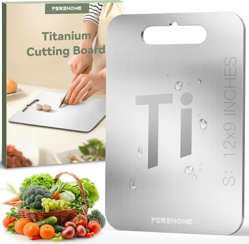 Vista 7 de Juego de 3 tablas de cortar de titanio para cocina, tabla de cortar de doble cara, 100% grado alimenticio, tablas de cortar con mango para carnes 3