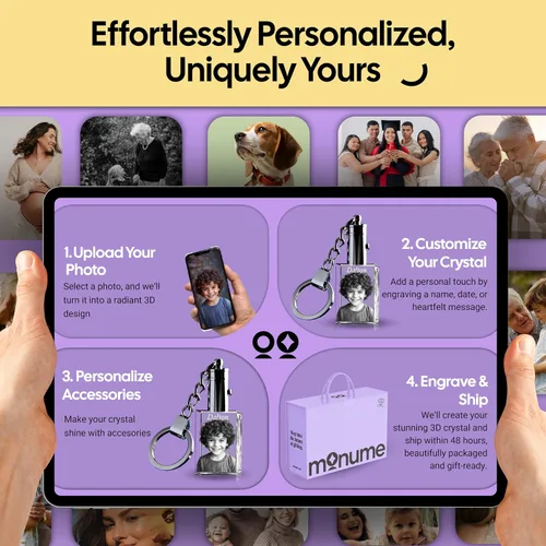 Vista 3 de Monume Llavero de fotos de cristal 2D - Llavero grabado con láser personalizado - Foto de cristal personalizada
