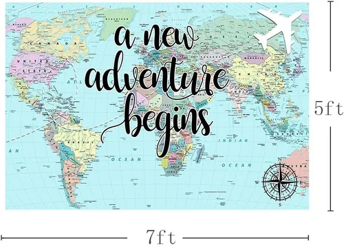 Vista 2 de Una nueva aventura comienza viajando niño, decoración de fiesta de baby shower, telón de fondo, mapa del mundo alrededor del mundo, aventura espera