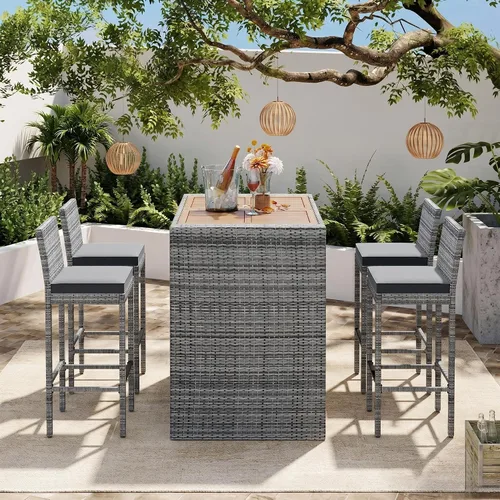 Vista 2 de Quarte Moderno juego de comedor de patio al aire libre de 5 piezas, juego de barra de mimbre de ratán de polietileno para jardín, 4 sillas de altura