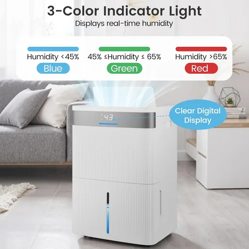 Vista 7 de COSTWAY Deshumidificador para sótano, deshumidificador para el hogar con mango conveniente, tanque de 1.4 galones, descongelación automática