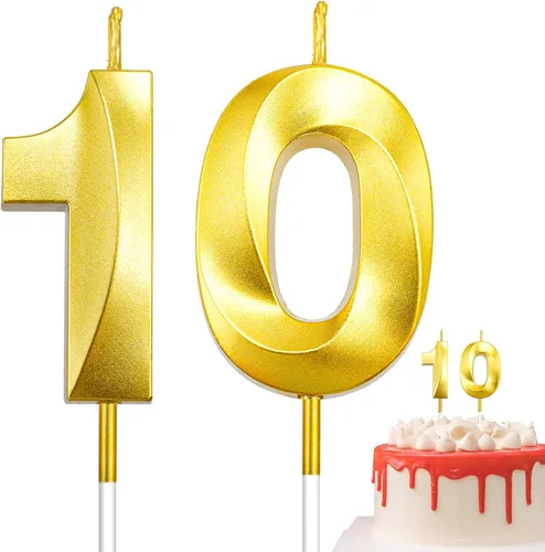 Vista 28 de Velas de 10º cumpleaños de oro champán - Velas de 10 números para decoración de pasteles