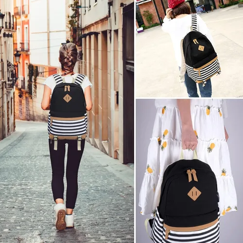 Vista 2 de Mochila escolar de lona a rayas, mochila casual para laptop, mochila para estudiantes universitarios, mochila para mujeres, adolescentes y niñas