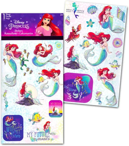Vista 4 de Disney Juego de toallas con capucha de La Sirenita para niños y niñas, paquete de poncho de toalla de baño de La Sirenita con calcomanías y más