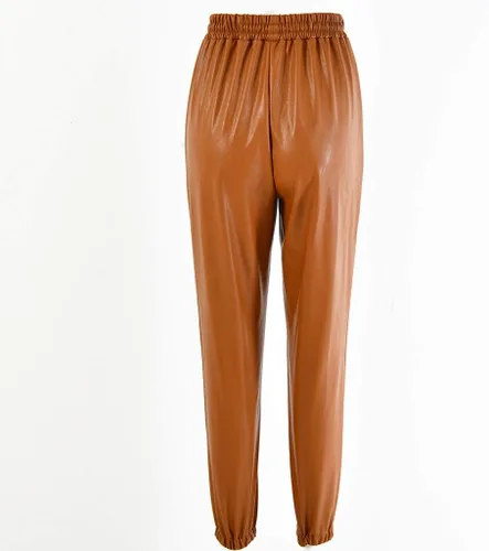 Vista 4 de WUAI-Leggings de piel sintética para mujer, con bolsillos